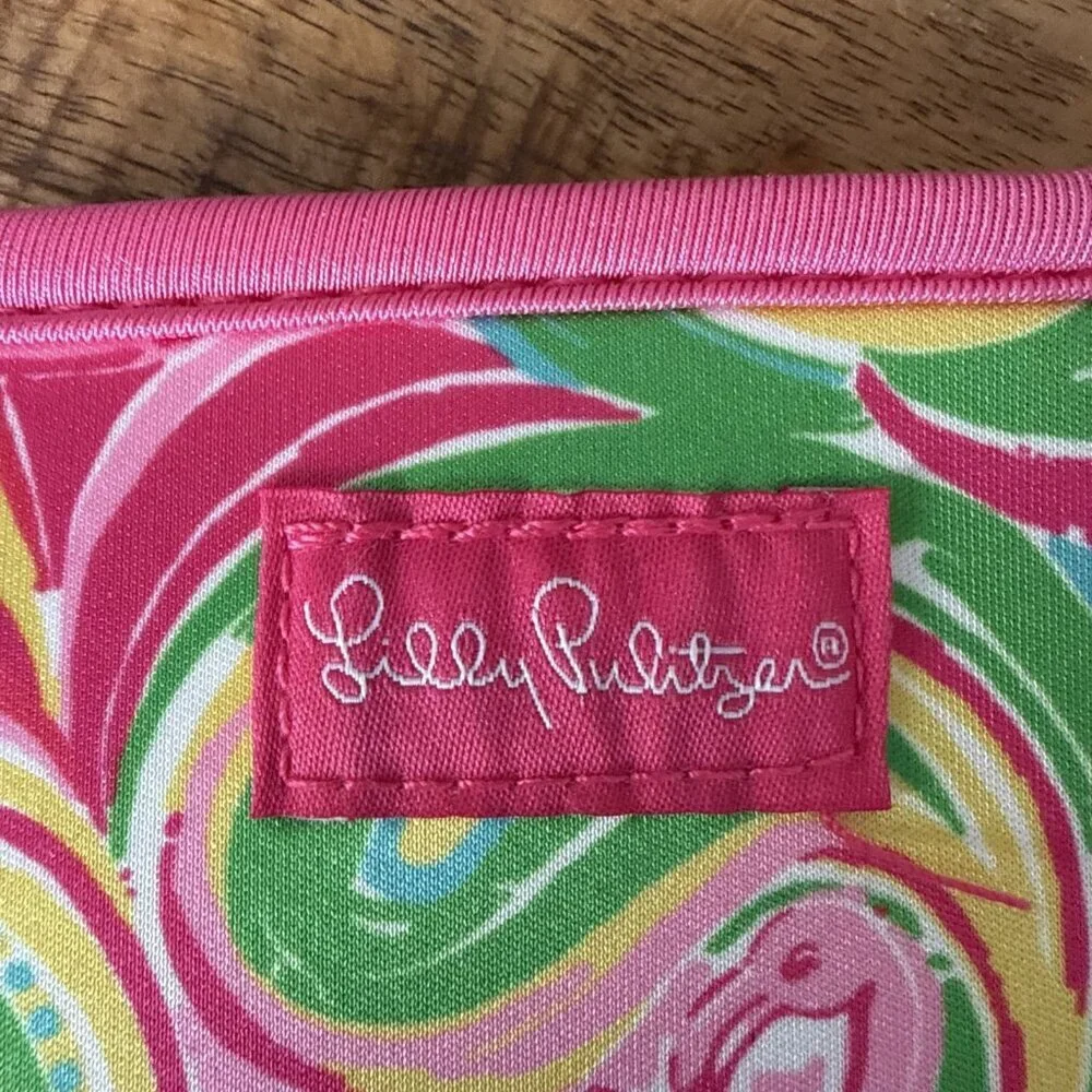 Lilly Pulitzer Drink Hugger Koozie Pink Flamingos Pattern Pink, Green, Blue